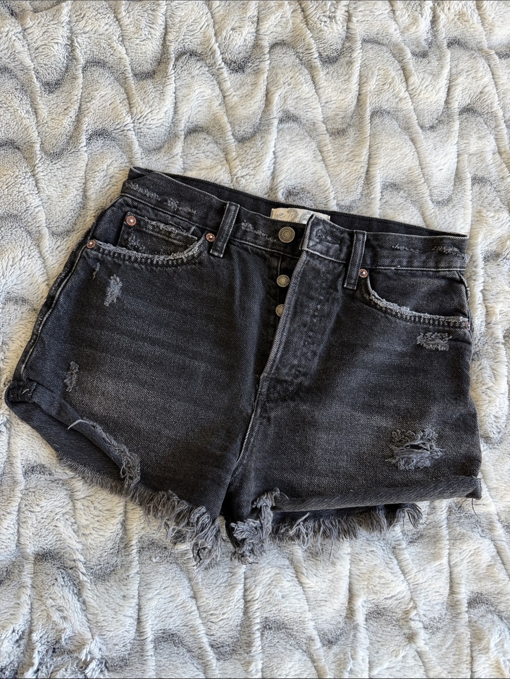 Free People Washed Black Distressed Denim Shorts